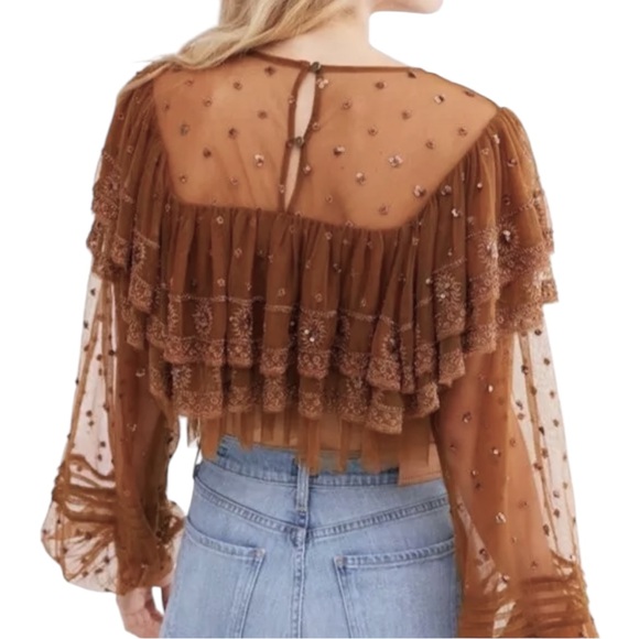 FREE PEOPLE Bronze Sequins Sheer Ruffle Top, size small - Picture 2 of 10